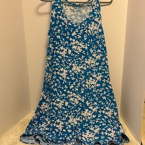 DRAPER JAMES BLUE AND WHITE FLORAL TANK DRESS WITH SMALL RUFFLE ON BOTTOM OF HEM